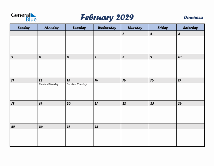 February 2029 Calendar with Holidays in Dominica