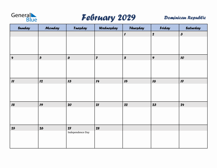 February 2029 Calendar with Holidays in Dominican Republic