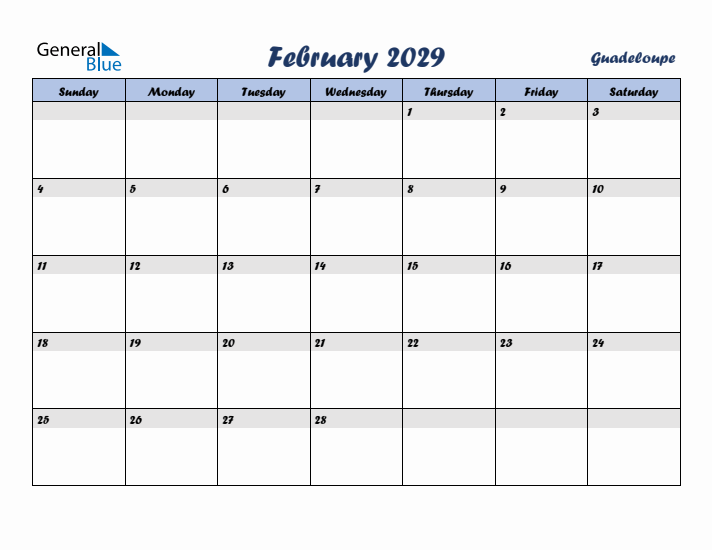 February 2029 Calendar with Holidays in Guadeloupe