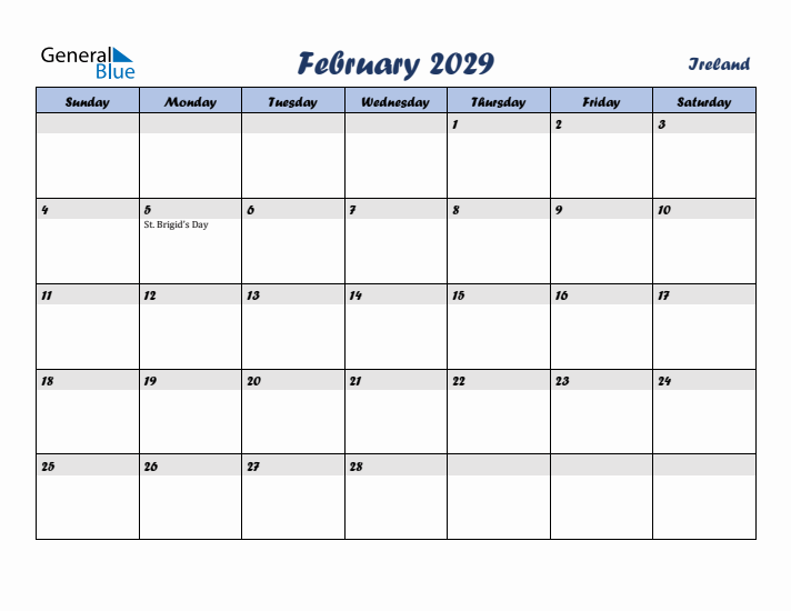 February 2029 Calendar with Holidays in Ireland