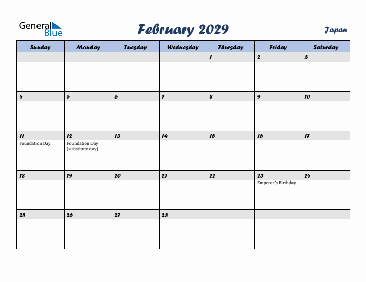 February 2029 Calendar with Holidays in Japan