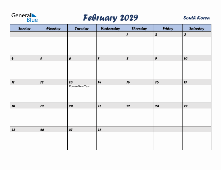 February 2029 Calendar with Holidays in South Korea