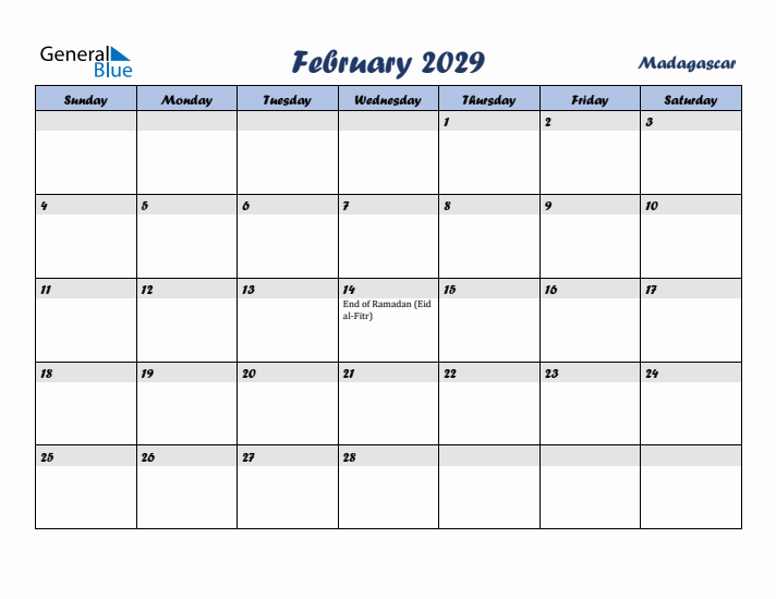 February 2029 Calendar with Holidays in Madagascar