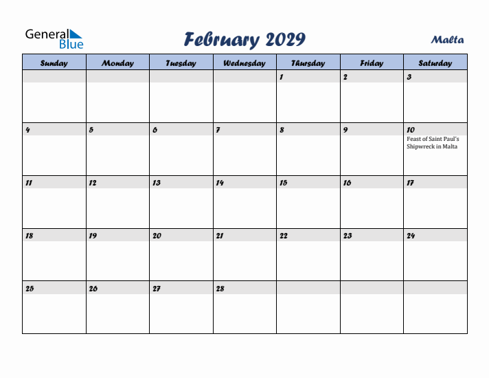 February 2029 Calendar with Holidays in Malta