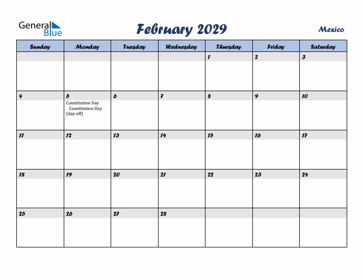February 2029 Calendar with Holidays in Mexico