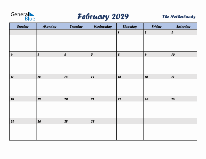 February 2029 Calendar with Holidays in The Netherlands