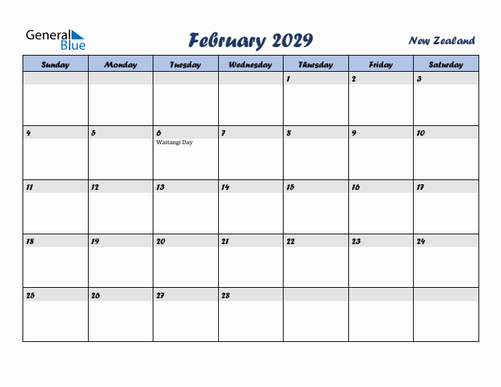 February 2029 Calendar with Holidays in New Zealand