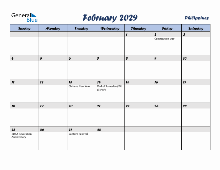February 2029 Calendar with Holidays in Philippines