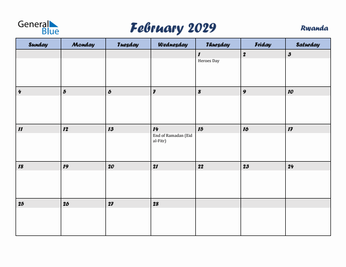 February 2029 Calendar with Holidays in Rwanda