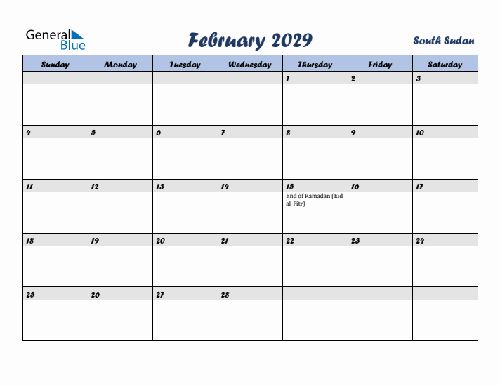 February 2029 Calendar with Holidays in South Sudan