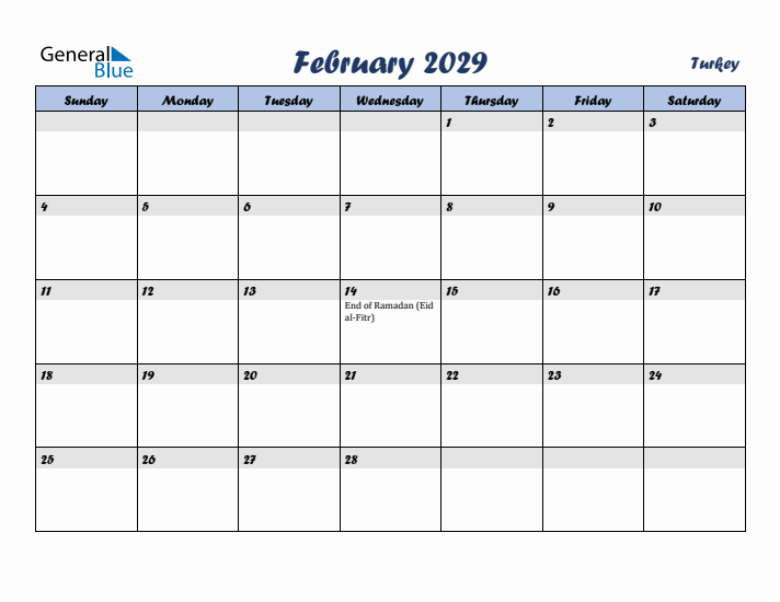 February 2029 Calendar with Holidays in Turkey