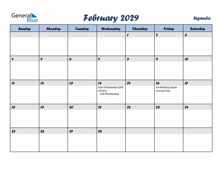 February 2029 Calendar with Holidays in Uganda