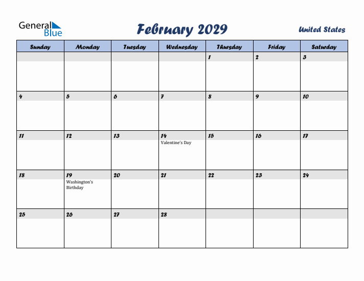 February 2029 Calendar with Holidays in United States