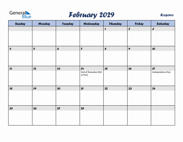 February 2029 Calendar with Holidays in Kosovo