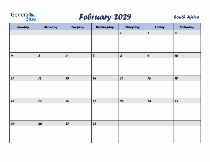 February 2029 Calendar with Holidays in South Africa