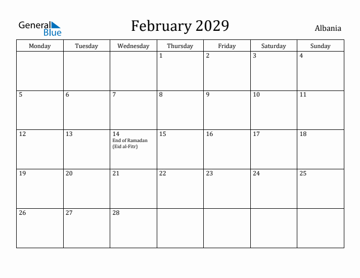February 2029 Calendar Albania