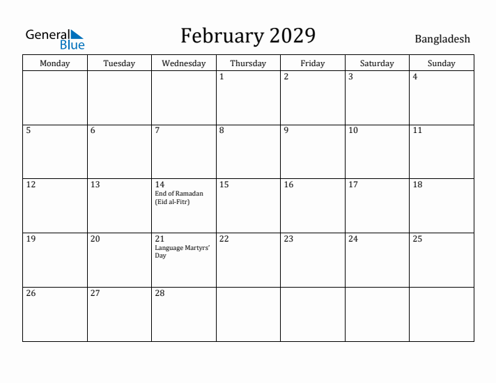 February 2029 Calendar Bangladesh