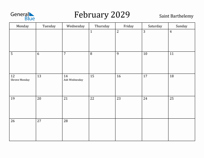 February 2029 Calendar Saint Barthelemy