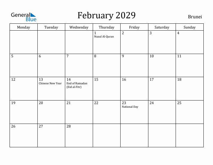 February 2029 Calendar Brunei