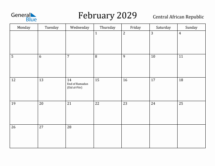 February 2029 Calendar Central African Republic