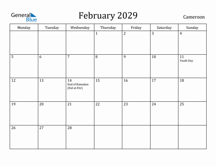 February 2029 Calendar Cameroon