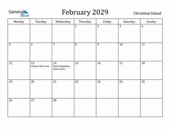 February 2029 Calendar Christmas Island