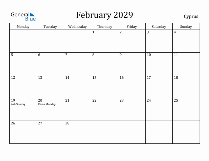 February 2029 Calendar Cyprus