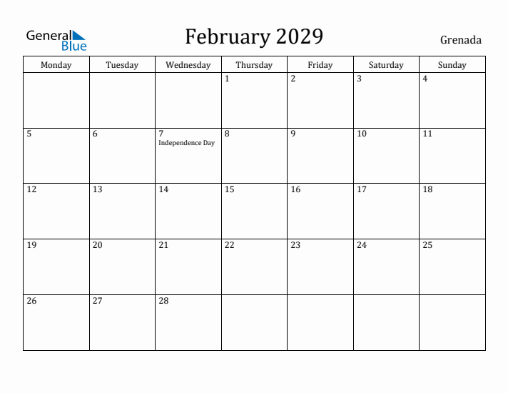 February 2029 Calendar Grenada
