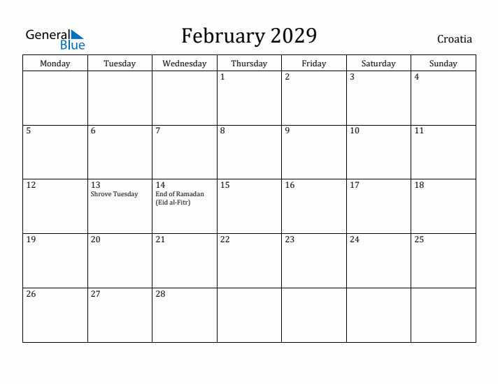 February 2029 Calendar Croatia