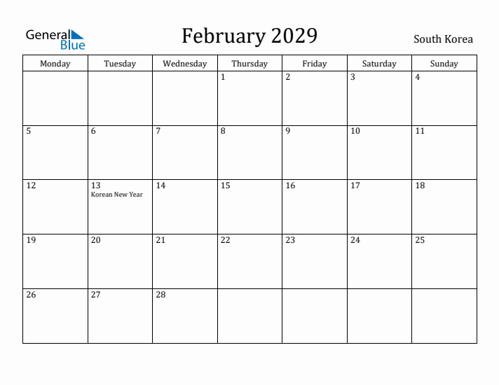 February 2029 Calendar South Korea