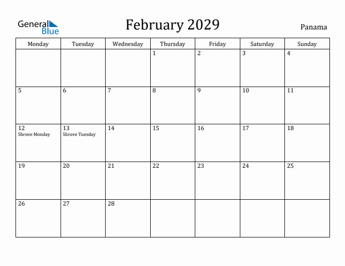 February 2029 Calendar Panama