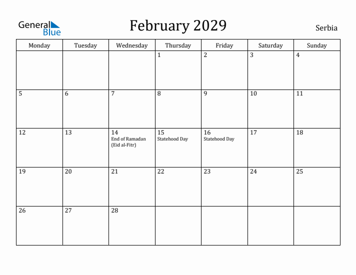 February 2029 Calendar Serbia