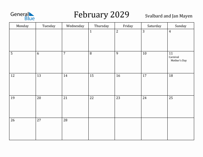 February 2029 Calendar Svalbard and Jan Mayen