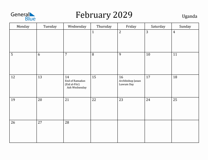 February 2029 Calendar Uganda