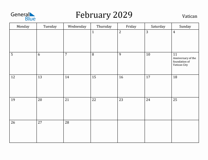 February 2029 Calendar Vatican