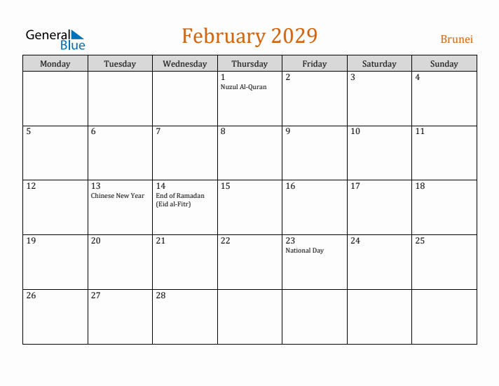 February 2029 Holiday Calendar with Monday Start