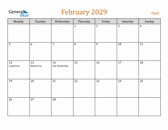 February 2029 Holiday Calendar with Monday Start