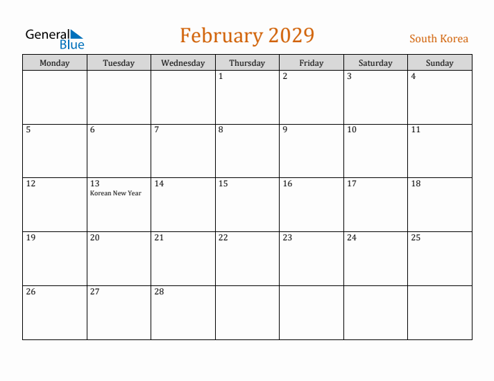 February 2029 Holiday Calendar with Monday Start
