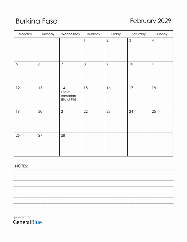 February 2029 Burkina Faso Calendar with Holidays (Monday Start)