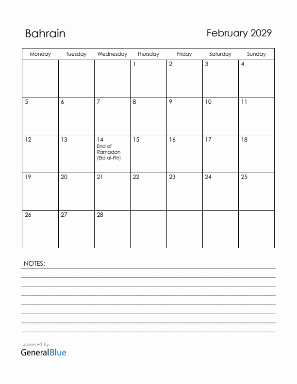 February 2029 Bahrain Calendar with Holidays (Monday Start)