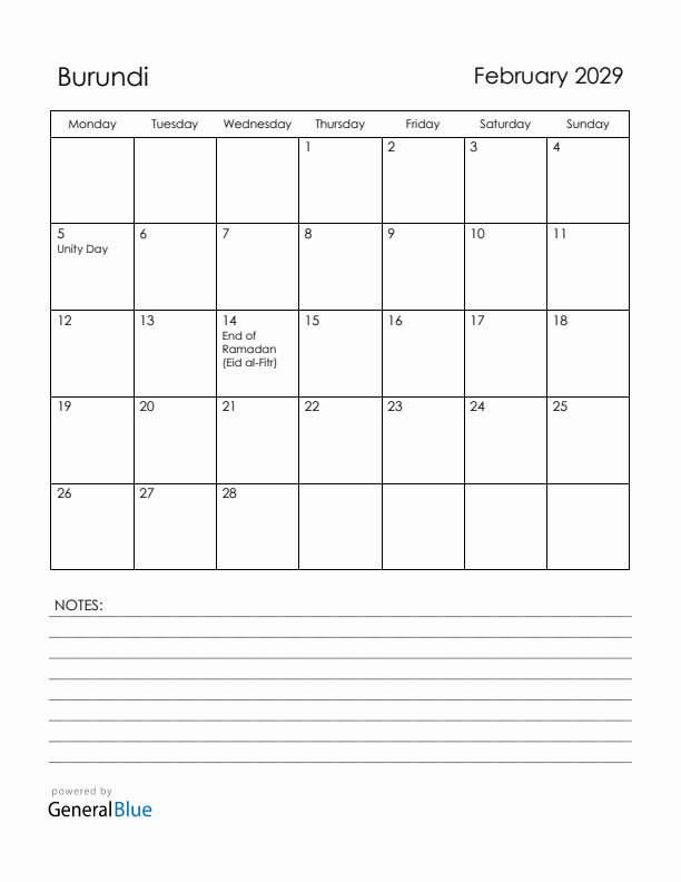 February 2029 Burundi Calendar with Holidays (Monday Start)