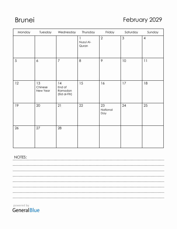 February 2029 Brunei Calendar with Holidays (Monday Start)