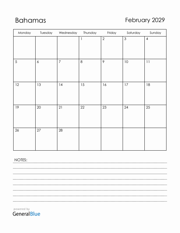 February 2029 Bahamas Calendar with Holidays (Monday Start)