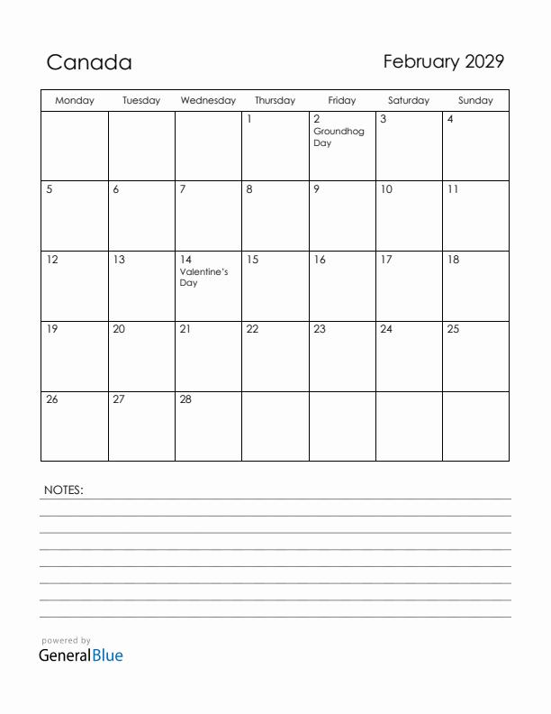 February 2029 Canada Calendar with Holidays (Monday Start)