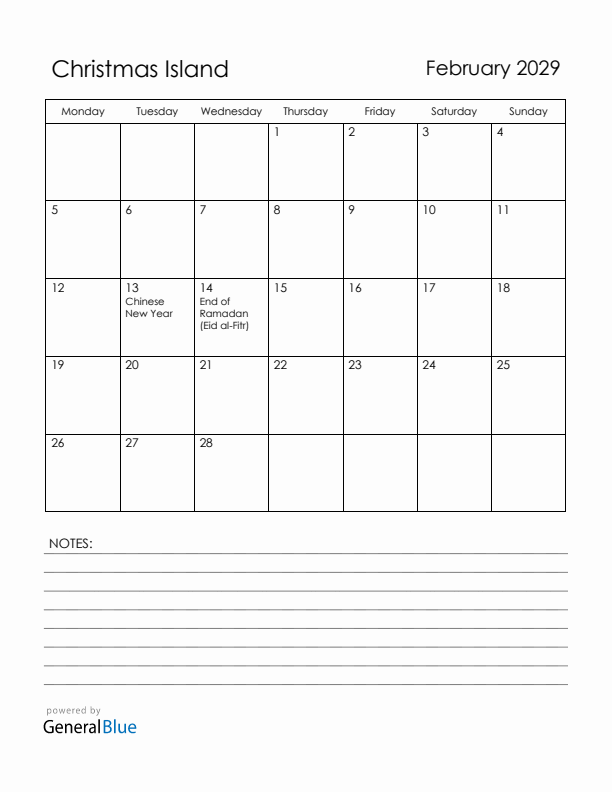February 2029 Christmas Island Calendar with Holidays (Monday Start)