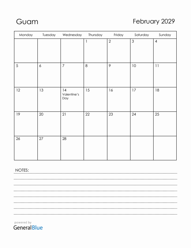 February 2029 Guam Calendar with Holidays (Monday Start)