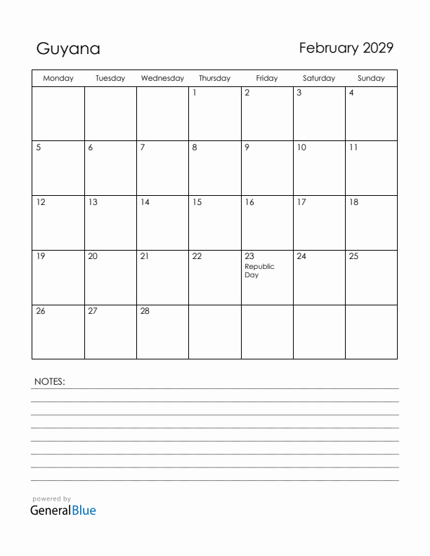 February 2029 Guyana Calendar with Holidays (Monday Start)