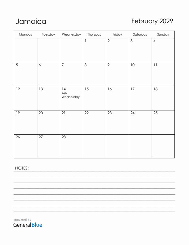 February 2029 Jamaica Calendar with Holidays (Monday Start)