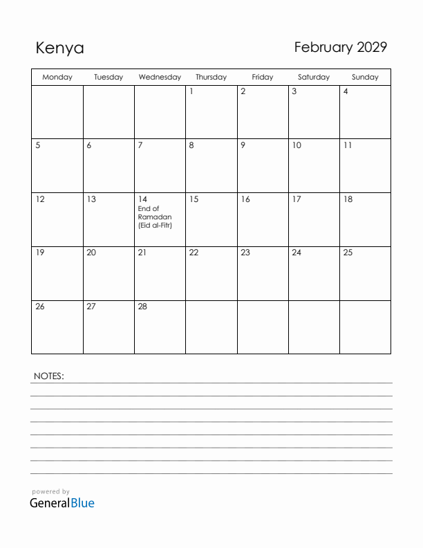 February 2029 Kenya Calendar with Holidays (Monday Start)