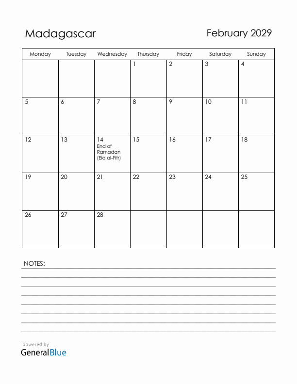 February 2029 Madagascar Calendar with Holidays (Monday Start)